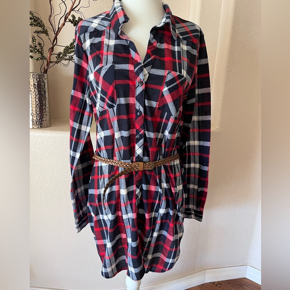 Flannel Plaid Tunic Length Belted Button Down Shirt/Dress Blue Red Ardene Large
